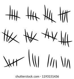 Set of counting waiting number on wall prison illustration. Vector tally marks isolated on white background. 