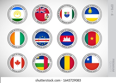 Set of countries silver badges collection with central flag illustration. Elegant isolated flag symbol stock vector