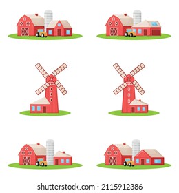 Set of country house with red mill, farm barn and granary building on green farm field plot cartoon vector illustration, isolated on white. Modern large ranch with harvest crop.