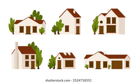 Set of country houses of low height with trees. Peaceful village life in your own house. Element for urban and rural landscape. Sale and rent of real estate. Vector illustration in cartoon style.