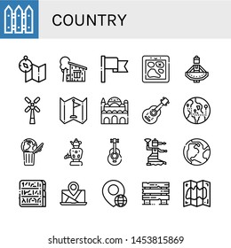 Set of country icons such as Fence, Map, Cottage, Flag, Regional dance, Windmill, Cairo citadel, Acoustic guitar, Globe, World, Samovar, Flamenco, Earth, Egypt, Fences , country