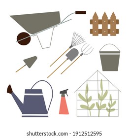 a set of country inventory. vector illustration on white background about vegetable garden and garden. cart, shovel, pitchfork, watering can, fence, bucket, greenhouse with vegetables.