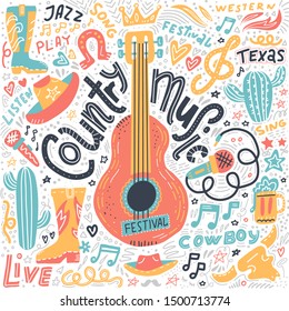 Set of Country music elements for postcards or festival banners. Vector hand drawn illustration in flat style. Guitar with written lettering