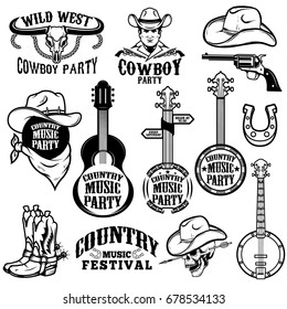 Set of country music festival emblems and design elements. Cowboy party. Vector illustration