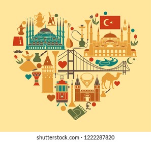 Set of country Turkey culture and traditional symbols. Collection of icons mosque and tower, hookah, tea, musical instruments in the form of heart