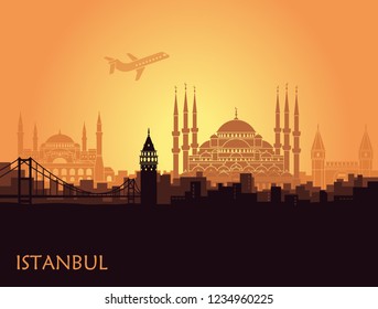 Set of country Turkey culture and traditional symbols. Collection of icons mosque and tower, hookah, tea, musical instruments in the form of heart