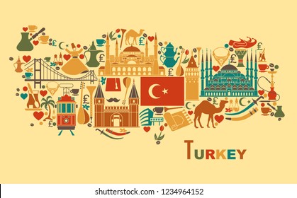 Set of country Turkey culture and traditional symbols. Collection of icons mosque and tower, hookah, tea, musical instruments in the form of map