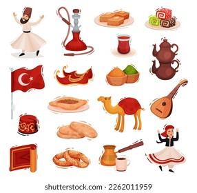 Set of country Turkey culture traditional symbols. Dancin people in national clothing, hookah, tea, coffee, musical instrument, sweets and pastries cartoon vector