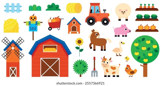 Set of countryside farm barnyard elements. Tractor, bales hay, straw scarecrow, barn. Gathered the harvest. Domestic animals cow, pig, chicken, sheep, goose, horse funny childish. Agriculture, farming