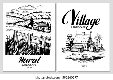 Set of countryside landscape with fields and  houses. Hand-drawn vector illustrations. Design element for the create of the label, brochures, posters 