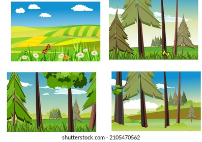 set of countyside forest landscape scene, green fields, green grass, blue sky and clouds, vector