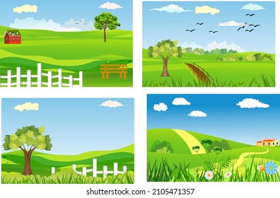 Set of countyside landscape scene, green fields, green grass, blue sky and clouds, vector