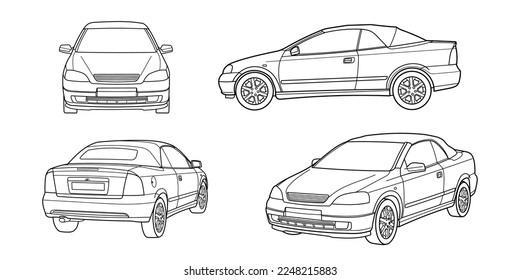 Set of coupe convartable sport car. Different five view shot - front, rear, side and 3d. Outline doodle vector illustration