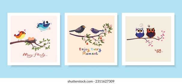 Set of couple birds icon character, family, romantic moment symbol vector illustration.