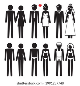 Set of couple in different poses. Collection black figures. Gentleman and lady relationship.Illustration print vector