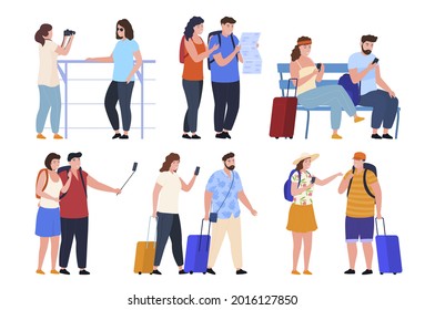 Set couple and friend tourists on summer vacation vector flat illustration. Collection man and woman traveling together photographing, looking map, waiting boarding, carrying baggage isolated on white