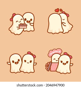 Set of couple ghost celebrating halloween event. Kawaii cartoon vector