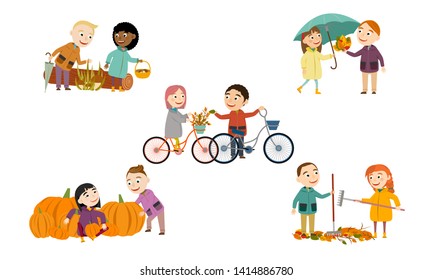 Set Couple of girls and boys in autumn clothes. Autumn fun kids. Boys and girls on bicycles, with mushrooms, pumpkins, umbrellas and rakes. Cute Vector Illustration