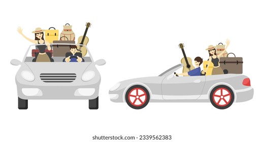 set of couple going on road trip with white silver cabriolet car with many luggage bag, travel with lover in holidays summer trip, front and side view of cabriolet car flat color illustration vector.