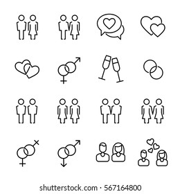 Set of couple icons in modern thin line style. High quality black outline love symbols for web site design and mobile apps. Simple couple pictograms on a white background.