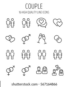 Set of couple icons in modern thin line style. High quality black outline love symbols for web site design and mobile apps. Simple couple pictograms on a white background.