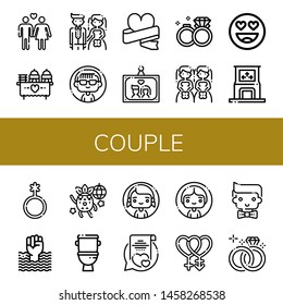 Set of couple icons such as Heterosexual, Wedding, Bride, Woman, Wedding photo, Wedding rings, Brides, In love, Dance, Genderqueer, World pride day, Dancing, Toilet, Vows , couple