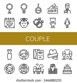 Set of couple icons such as Third gender, World pride day, Androgyne, Girl, Genderless, Gay, Romantic, Toilet, Groom, Female, Pencil dress, Woman, Wedding invitation , couple