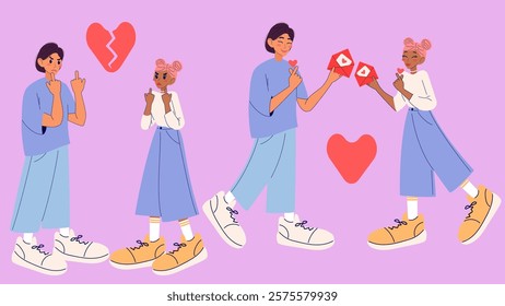 Set with couple in love and break up. Love to hate concept. Fuck you sign. Modern isolated vector illustration.
