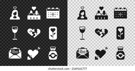 Set Couple in love, Calendar with heart, Greeting card, Amour and arrow, Chocolate candy, Wine glass and Broken or divorce icon. Vector