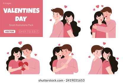Set of Couple in love celebrating holiday, people resting on romantic date. Saint Valentine Day. Vector illustration
