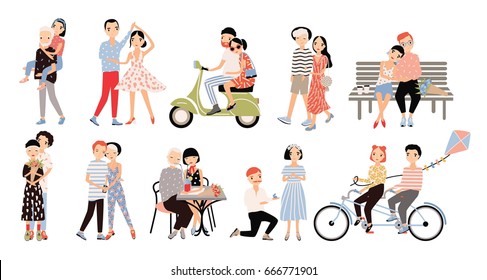 Set of couple in love. Different romantic situations: walking, speaking, cycling, hugging, marriage proposal, dance, ride a moped. Colorful vector illustration in cartoon style.