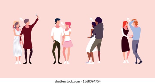 set of couple in love, man and woman embracing each other affectionately vector illustration design