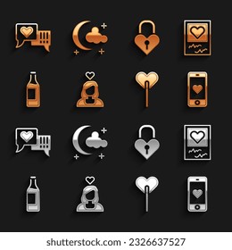 Set Couple in love, Photo frames and hearts, Mobile with, Lollipop, Wine bottle, Castle the shape of, Heart speech bubble and Moon stars icon. Vector