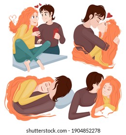 Set of couple in love for Valentine's Day, isolated on white background. Small guy and red-haired girl in an embrace and a kiss. Vector illustration