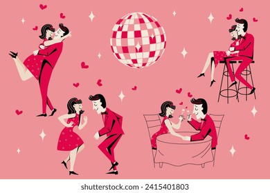 Set. A couple in love at a wind-up retro party. Template for invitation, banner, poster. Retro style. Minimalism. Vector illustration