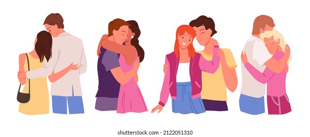 Un par de amantes abrazándose cálidos. Momento romántico de relación, mostrando afecto y amor a la pareja, pasando el adorable tiempo feliz juntos dibujos animados ilustraciones vectoriales