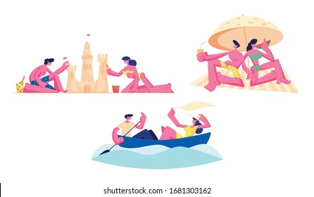Set of Couple Man and Woman Floating Boat, Building Sand Castle, Relaxing on Beach with Cocktails. Male and Female Characters Summertime Vacation Loving People Sparetime. Cartoon Vector Illustration