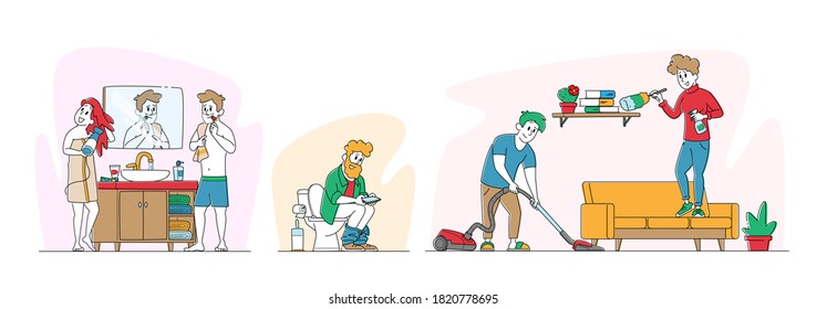 Set Couple Morning Routine and Household Housekeeping Activity. Everyday Matters of Home Duties and Chores, Characters Cleaning House, Brushing Teeth and Drying Hair. Linear People Vector Illustration
