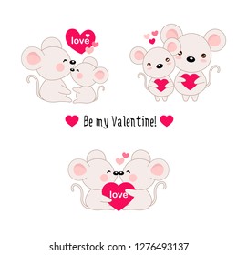 Set of couple mouse fall in love with heart.Cartoon style for Valentine's day.
