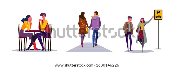 Set of\
couple on romantic date. Flat vector illustrations of man and woman\
waiting for taxi. Dating, romance, public transport concept for\
banner, website design or landing web\
page
