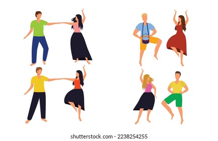 A set of a couple of people are dancing. Man and woman dance in a pair. Vector illustration.