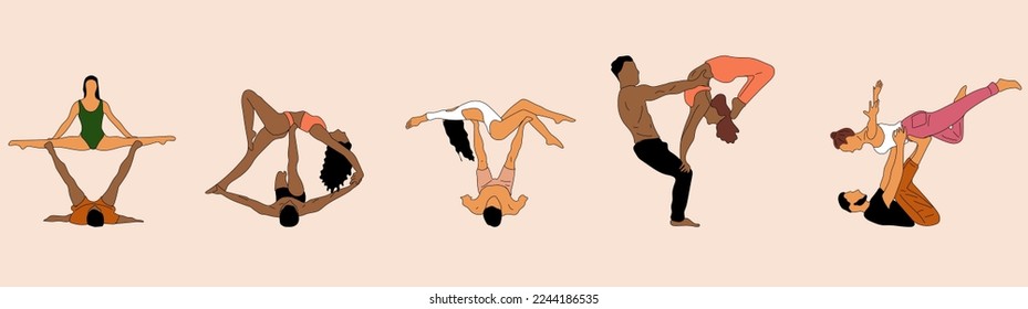 Set of couple people doing yoga illustration. Yoga asanas for couple yoga.Hand drawn sketch