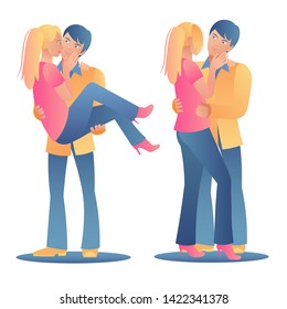 Set couple positions a man and a woman in love are worth a hug. The guy and the romantic girl on a white background. Hug, hold on hands, tenderness and youth. Gradient flat color vector illustration