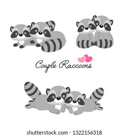 Set of couple raccoons in love for Valentine's day. 