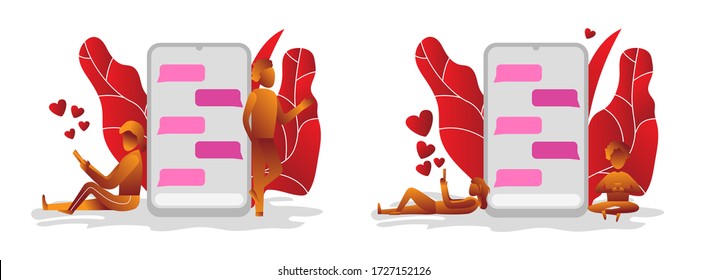 set A couple relationship in love chatting , in story , gradient vector leaf , mobil handphone icon love in reach. dating cute online , man and woman relationship illustration