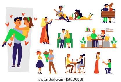 Set of couple romance dating and joint recreation scenes, flat vector illustration isolated on white background. Man and woman cartoon characters enjoying togetherness.