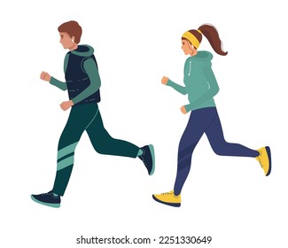 set of Couple runner running outdoor scene design Running sport, warm clothes runs against background of winter landscape. young girl goes in for sports. Hand drawn style vector design illustrations. 