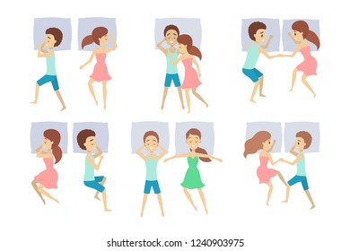 Set of couple sleep in different position. Female character in the bed on pillow. Resting in bedroom. Isolated flat vector illustration