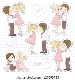 Set of couple teens on sheet of school notebook. Vector illustration