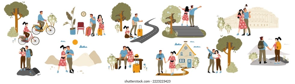 Set couple travel, young tourists visit famous landmarks, catching car on road, climbing mountains. Man and woman with backpacks riding bicycle, hiking, making photo Cartoon linear vector illustration